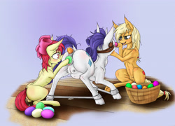 Size: 3717x2678 | Tagged: explicit, artist:alcor, apple bloom, applejack, rarity, abdominal bulge, all three filled, anal insertion, anatomically correct, anus, bent over, blindfold, bondage, butt, butt blush, clitoris, crotchboobs, cum, dark genitals, dock, dripping, dripping cum, earth pony, easter, easter egg, egg, egg belly, egg inflation, eggnant, female, foalcon, force feeding, g4, gag, genitals, heart eyes, high res, humiliation, imported from derpibooru, inflation, insertion, lesbian, mare on filly, nipples, nudity, object stuffing, oral, oviposition, plot, ponut, pony, ring gag, sex, spread legs, spreader bar, spreading, stuffing, teats, throat bulge, unicorn, unusual insertion, vaginal insertion, vaginal secretions, vulva, vulvar winking, wingding eyes