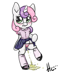 Size: 800x1000 | Tagged: explicit, artist:kinkiepinkiepie, sweetie belle, clothes, female, foalcon, g4, imported from derpibooru, panties, peeing in panties, pissing, see-through, semi-anthro, solo, solo female, underwear, unicorn, urine, watersports