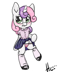 Size: 800x1000 | Tagged: explicit, artist:kinkiepinkiepie, sweetie belle, blushing, clothes, female, foalcon, g4, imported from derpibooru, panties, pink underwear, semi-anthro, simple background, skirt, skirt lift, socks, solo, solo female, transparent background, underwear, upskirt