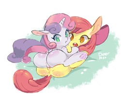 Size: 1280x1024 | Tagged: explicit, artist:deer meo, apple bloom, sweetie belle, anus, blushing, bow, earth pony, female, filly, foal, foalcon, g4, hair bow, imported from derpibooru, lesbian, nudity, open mouth, pixiv, pony, sex, ship:sweetiebloom, shipping, tribadism, unicorn, vulva