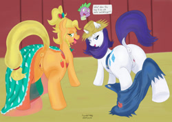 Size: 1280x904 | Tagged: explicit, artist:symplefable, applejack, rarity, spike, age difference, anus, applejewel, clothes, dialogue, dock, dragon, droopy drawers, earth pony, female, foalcon, g4, horn, imported from derpibooru, male, my little pony: friendship is magic, nudity, ponut, pony, rarihick, season 4, ship:applespike, ship:sparijack, ship:sparity, shipping, simple ways, straight, trio, unicorn, vulva, vulvar winking, wingless spike