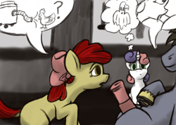 Size: 1080x768 | Tagged: explicit, artist:thebathwaterhero, apple bloom, sweetie belle, oc, cutie mark crusaders, foalcon, g4, ghost, horsecock, imported from derpibooru, nudity, penis, pictogram, pony, trio