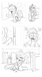 Size: 788x1440 | Tagged: explicit, artist:bastian-sox, apple bloom, applejack, caught, clopping, comic, female, foalcon, g4, hoofing, imported from derpibooru, masturbation, monochrome, shocked, surprised, vaginal secretions