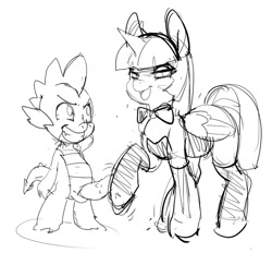 Size: 1200x1166 | Tagged: explicit, artist:maniacpaint, spike, twilight sparkle, age difference, alicorn, barbed penis, bowtie, bunny ears, bunny suit, clothes, dragon, duo, duo male and female, female, foalcon, g4, imported from derpibooru, interspecies, leotard, male, mare, monochrome, nudity, penis, playboy bunny, pony, pseudoincest, ship:twispike, shipping, sketch, straight, twilight is a foal fiddler, wingless spike