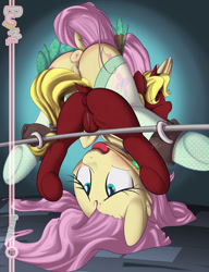 Size: 992x1292 | Tagged: explicit, artist:sip, fluttershy, oc, oc:rapture, anus, ballgag, bondage, bondage furniture, female, females only, filly, foal, foalcon, g4, gag, imported from derpibooru, mare, nudity, vulva
