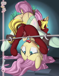 Size: 992x1292 | Tagged: explicit, artist:sip, fluttershy, oc, oc:rapture, anus, ballgag, bondage, bondage furniture, female, filly, foal, foalcon, g4, gag, imported from derpibooru, lesbian, mare on filly, nudity, ponut, vaginal secretions, younger