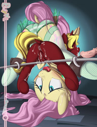 Size: 992x1292 | Tagged: explicit, artist:sip, fluttershy, oc, oc:rapture, anus cameltoe, ballgag, bondage, bondage furniture, cameltoe, clothes, female, filly, foal, foalcon, frilly underwear, g4, gag, horsecock, imported from derpibooru, nudity, panties, penis, striped underwear, underwear, younger
