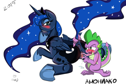 Size: 1200x802 | Tagged: explicit, artist:amoniaco, princess luna, spike, anus, blushing, cunnilingus, dragon, drool, foalcon, g4, hoof biting, imported from derpibooru, interspecies, nudity, oral, sex, ship:spiluna, shipping, tongue out, vagina, vaginal secretions
