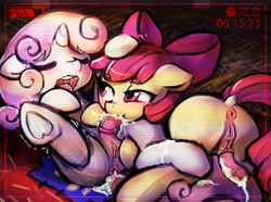 Size: 750x558 | Tagged: explicit, artist:lumineko, apple bloom, sweetie belle, anal creampie, anus, blowjob, camera shot, creampie, cum, dock, eyes closed, foalcon, futa, futa apple bloom, futa on futa, futa sweetie belle, g4, herm, horsecock, imported from derpibooru, intersex, nudity, open mouth, oral, penis, ponut, puffy cheeks, recording, ship:sweetiebloom, twitching penis, underhoof, vagina, vaginal secretions, video camera, vulva