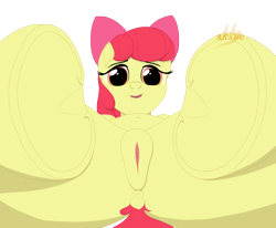 Size: 1649x1358 | Tagged: explicit, artist:drake, apple bloom, butt, crotch, dock, earth pony, female, foalcon, frog (hoof), g4, hoof fetish, hooves, imported from derpibooru, looking at you, low angle, nudity, plot, pony, presenting, presenting pussy, simple background, solo, solo female, transparent background, underhoof, vagina, vulva