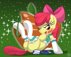 Size: 3142x2500 | Tagged: explicit, artist:template93, apple bloom, anus, apple, apple bloom's bow, apple bloomers, blushing, bow, bra, butt, buy some apples, clothes, female, foalcon, g4, hair bow, high res, hoof fetish, hoof licking, imported from derpibooru, licking, necklace, nudity, panties, panties around leg, pants, plot, pony, sexy, socks, solo, solo female, stars, underwear, vagina