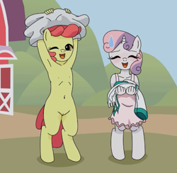 Size: 635x620 | Tagged: explicit, artist:fantasyblade, apple bloom, sweetie belle, anthro, apple bloomers, april fools, armpits, belly button, blushing, breasts, clothes, cute, cute porn, delicious flat chest, dress, dress above head, earth pony, edit, edited screencap, female, flattle bloom, foalcon, g4, genitals, human vulva, image macro, imported from derpibooru, looking at you, meme, nipples, nude edit, nudity, parody, screencap, undressing, vulva, wink