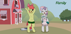 Size: 1133x555 | Tagged: questionable, artist:fantasyblade, apple bloom, sweetie belle, anthro, apple bloomers, armpits, belly button, boyshorts, breasts, clothes, delicious flat chest, dress, earth pony, edit, female, flattle bloom, foalcon, g4, green underwear, imported from derpibooru, nipples, nudity, panties, screencap, underwear