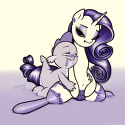 Size: 1500x1500 | Tagged: questionable, artist:dubstepina, rarity, spike, cameltoe, clothes, dragon, duo, duo male and female, female, foalcon, frilly underwear, g4, garter belt, imported from derpibooru, interspecies, legwear, lip bite, male, pony, ship:sparity, shipping, stockings, straight, thigh highs, underwear, unicorn
