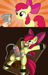 Size: 768x1200 | Tagged: explicit, artist:kloudmutt, editor:evilhom3r, apple bloom, ahegao, balls, blushing, bondage, breast milk, crotchboobs, cum, drool, earth pony, edit, exploitable meme, fetish, fistful of yen, foalcon, futa, futa apple bloom, g4, herm, horsecock, imported from derpibooru, intersex, lactation, machine, meme, milking, milking machine, money, nipples, nudity, one eye closed, open mouth, orgasm, penis, penis milking, penis pump, pink horsecock, pony, poop, prostitution, scat, solo, solo futa, spread eagle, teats, tongue out, urine, watersports