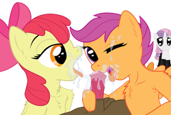 Size: 2438x1649 | Tagged: explicit, apple bloom, button mash, scootaloo, sweetie belle, alternate version, artist needed, blowjob, cuckolding, cuckquean, cutie mark crusaders, double blowjob, earth pony, foalcon, g4, horsecock, imported from derpibooru, jealous, male, male pov, multiple blowjob, nudity, offscreen character, oral, pegasus, penis, pony, pov, ship:buttonbloom, ship:scootamash, simple background, transparent background, unicorn