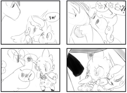 Size: 1190x870 | Tagged: explicit, artist:tess, shining armor, spike, censored, censored penis, clothes, comic, crossdressing, dragon, dress, female, foalcon, g4, gay, horsecock, imported from derpibooru, male, monochrome, nudity, penis, pony, precum, princess cadance, reacting to nudity, ship:shiningcadance, shipping, sketch, straight