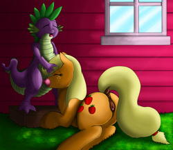 Size: 1759x1517 | Tagged: explicit, artist:exelzior, applejack, spike, anatomically correct, anus, blowjob, butt, clitoris, dock, dragon, eyes closed, facefuck, female, foalcon, g4, imported from derpibooru, interspecies, male, nudity, open mouth, oral, outdoor sex, outdoors, plot, ponut, sex, ship:applespike, shipping, straight, vulva, vulvar winking