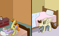 Size: 1460x900 | Tagged: explicit, artist:floret, 2 panel comic, blushing, chirpy hooves, comic, cowgirl position, dinky hooves, doggy style, female, foalcon, g4, imported from derpibooru, male, nudity, pegasus, penis, pony, pound cake, pumpkin cake, rule 63, sex, straight, twerpy hooves, unicorn, vaginal, vulva