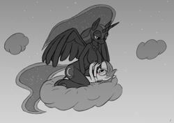 Size: 1108x778 | Tagged: explicit, artist:tg-0, age difference, alicorn, anthro, bedroom eyes, blushing, breast hold, breasts, cloud, cloudy, cowgirl position, cute, cute porn, duo, duo male and female, earth pony, female, foalcon, g4, grayscale, imported from derpibooru, lying, male, maternaluna, mile high club, monochrome, nicemare moon, nightmare moon, nipples, nudity, obscured penetration, on back, on top, outdoor sex, outdoors, partially open wings, pipsqueak, sex, ship:lunapip, ship:pipmoon, shipping, softcore, straight, straight shota, wings