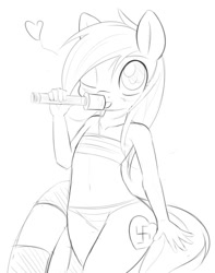 Size: 500x635 | Tagged: suggestive, artist:randy, oc, oc:aryanne, anthro, black and white, clothes, drool, drool string, female, foalcon, grayscale, grenade, heart, imported from derpibooru, monochrome, nazi, oc only, outline, solo, solo female, stielhandgranate, sucking, swastika, swimsuit, weapon, younger