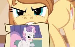 Size: 800x498 | Tagged: explicit, artist:binarypone, artist:tiarawhy, sweetie belle, oc, oc:cream heart, anatomically correct, angry, anus, bed, blushing, clitoris, ear flick, earth pony, exploitable meme, female, filly, foal, foalcon, g4, hoofing, imported from derpibooru, looking back, lying down, mare, masturbation, meme, nudity, ponut, pony, prone, raised tail, show accurate, show accurate porn, solo, solo female, tail, unicorn, vaginal secretions, vulva, vulvar winking, wet