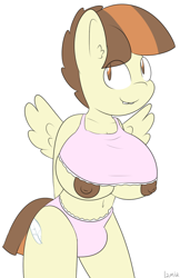 Size: 647x1000 | Tagged: questionable, artist:lamia, anthro, belly button, breasts, busty boy, clothes, crossdressing, crotch bulge, featherbreasts, featherweight, foalcon, g4, imported from derpibooru, intersex, lamia did it again, nightgown, nipple slip, nipples, nudity, oppai shota, solo, solo busty boy