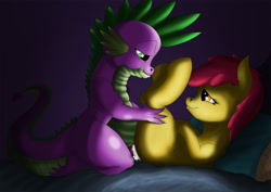 Size: 1984x1403 | Tagged: explicit, artist:exelzior, apple bloom, spike, bed, bedroom eyes, creampie, cum, cumming, dragon, eye contact, female, fluffy, foalcon, g4, holding legs, imported from derpibooru, legs in air, lip bite, male, missionary position, on back, penetration, sex, ship:spikebloom, shipping, smiling, straight, vaginal