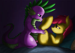 Size: 1984x1403 | Tagged: explicit, artist:exelzior, apple bloom, spike, bed, bedroom eyes, dragon, earth pony, eye contact, female, fluffy, foalcon, g4, holding legs, imported from derpibooru, legs in air, lip bite, male, missionary position, nudity, on back, penetration, penis, pony, sex, ship:spikebloom, shipping, smiling, straight, vaginal
