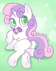 Size: 1315x1654 | Tagged: explicit, artist:dorableponies, sweetie belle, anus, babycon, colored pupils, diaper, diaper fetish, female, foal, foalcon, g4, imported from derpibooru, mare, non-baby in diaper, nudity, open diaper, pacifier, ponut, pony, solo, solo female, unicorn, vulva