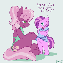 Size: 1500x1500 | Tagged: explicit, artist:php199, oc, oc:show stopper, age difference, bedroom eyes, bipedal, bottomless, cheerilee, clothes, dialogue, dress, female, filly, floppy ears, foal, foalcon, g4, imported from derpibooru, lesbian, mare on filly, nudity, one-piece swimsuit, open mouth, open-back swimsuit, pony, skirt, skirt lift, smiling, swimsuit, underhoof, upskirt, vulva