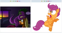 Size: 561x304 | Tagged: explicit, grimdark, artist:exelzior, applejack, scootaloo, spike, blowjob, derpibooru, dialogue, dragon, edit, exploitable meme, eyes closed, facefuck, female, foalcon, g4, imported from derpibooru, juxtaposition, juxtaposition win, male, meme, meta, molestation, morning, nudity, oral, pegasus, penis, personal space invasion, pony, rape, sex, shocked, sleeping, somnophilia, straight, sweat, tongue out, wake up sex