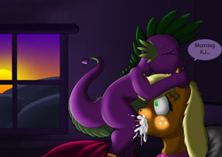 Size: 2232x1579 | Tagged: explicit, grimdark, artist:exelzior, applejack, spike, blowjob, breakfast, breakfast in bed, breakfast is ruined, creampie, cum, cum in mouth, dialogue, dragon, eyes closed, facefuck, female, foalcon, g4, imported from derpibooru, male, molestation, morning, nudity, oral, oral creampie, penis, puffy cheeks, rape, shocked, somnophilia, straight, sweat, tongue out, wake up sex
