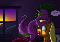 Size: 2232x1579 | Tagged: explicit, grimdark, artist:exelzior, applejack, spike, blowjob, dialogue, dragon, eyes closed, facefuck, female, foalcon, g4, imported from derpibooru, male, molestation, morning, nudity, oral, penis, rape, shocked, somnophilia, straight, sweat, tongue out, wake up sex