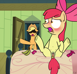 Size: 2682x2561 | Tagged: explicit, artist:dsninja, apple bloom, applejack, banana, bananabloom, caught, clitoris, condom, condom on banana, crotchboobs, earth pony, female, foalcon, foodplay, g4, high res, hilarious in hindsight, imported from derpibooru, improvised sex toy, insertion, legs in air, masturbation, nipples, nudity, pony, sex toy, teats, unusual insertion, vaginal insertion, vaginal secretions