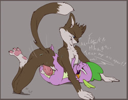 Size: 1400x1090 | Tagged: explicit, artist:fuf, spike, oc, oc:duez, ahegao, anal, and then spike was gay, barbed penis, canon x oc, dialogue, dragon, foalcon, furry, g4, gay, imported from derpibooru, male, nudity, sex, shipping