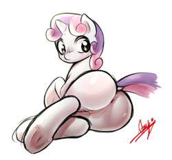 Size: 736x682 | Tagged: explicit, artist:starykrow, sweetie belle, anus, butt, dock, female, filly, foal, foalcon, frown, g4, imported from derpibooru, looking back, lying down, nudity, plot, pony, prone, raised hoof, simple background, solo, solo female, sweetie butt, underhoof, unicorn, vulva, white background