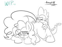 Size: 945x716 | Tagged: explicit, artist:amoniaco, pinkie pie, spike, age difference, dragon, dragon on pony action, duo, duo male and female, earth pony, female, foalcon, g4, imported from derpibooru, interspecies, male, oral, pony, prone, ship:pinkiespike, shipping, straight, wingless spike, wip