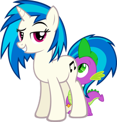 Size: 1280x1326 | Tagged: questionable, artist:moongazeponies, artist:myardius, spike, bedroom eyes, dj pon-3, dragon, edit, female, foalcon, from behind, g4, hundreds of users filter this tag, imported from derpibooru, looking at you, male, mare, pony, ship:vinylspike, shipping, show accurate, simple background, straight, ticket, transparent background, unicorn, vector, vinyl scratch
