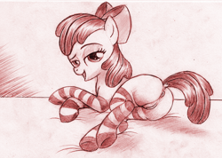 Size: 1095x780 | Tagged: explicit, artist:jaxonian, apple bloom, anus, ask fapplebloom, bedroom eyes, bloom butt, butt, clothed ponies, clothes, crossed hooves, crossed legs, derpibooru exclusive, dock, dreamworks face, earth pony, fapplebloom, female, filly, foal, foalcon, g4, imported from derpibooru, looking at you, monochrome, nudity, open mouth, plot, ponut, pony, seductive, socks, solo, solo female, striped socks, traditional art, vulva