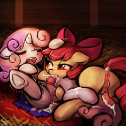 Size: 750x750 | Tagged: explicit, artist:lumineko, apple bloom, sweetie belle, anal creampie, anus, blowjob, creampie, cum, dock, eyes closed, foalcon, futa, futa apple bloom, futa on futa, futa sweetie belle, g4, herm, horsecock, imported from derpibooru, intersex, nudity, open mouth, oral, penis, ponut, puffy cheeks, ship:sweetiebloom, twitching penis, underhoof, vaginal secretions, vulva