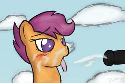 Size: 1500x1000 | Tagged: explicit, artist:php26, scootaloo, bedroom eyes, blushing, cum, cumming, facial, female, foalcon, g4, horsecock, imported from derpibooru, male, nudity, open mouth, penis, straight, tongue out