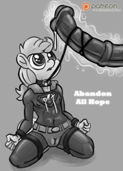 Size: 1000x1398 | Tagged: explicit, grimdark, artist:smudge proof, applejack, abandon all hope, age regression, anthro, app-el, big penis, bondage, bound to cock, breasts, cameltoe, cock shock, collar, cuffs, cum, delicious flat chest, eyes on the prize, fall of equestria, female, femsub, foalcon, g4, horsecock, imported from derpibooru, impossibly large penis, knee tied, kneeling, latex, leash, leashed penis, male, maledom, nudity, patreon, patreon logo, penis, penis awe, precum, raging boner, rape, rubber, shiny, sketch, snips, straight, submissive, superhero, superman, supermare