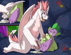 Size: 1500x1153 | Tagged: explicit, artist:fuf, spike, oc, oc:avi, series:how much can you take, anal, anal vore, anus, canon x oc, dragon, fetish, fizzle, foalcon, g4, gay, group sex, imported from derpibooru, knot, male, nudity, penetration, penis, sex, size difference, spipred, spizzle, threesome, vore
