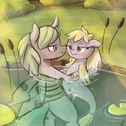 Size: 500x500 | Tagged: explicit, artist:lumineko, oc, oc:flo, oc:fruit flank, bedroom eyes, blushing, changeling, changeling oc, cum, cumming, cyoa, female, foalcon, green changeling, imported from derpibooru, male, oc only, penetration, sea pony (g1), sex, shooting stars cyoa, smiling, white changeling