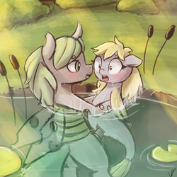 Size: 500x500 | Tagged: explicit, artist:lumineko, oc, oc:flo, oc:fruit flank, bedroom eyes, blushing, changeling, changeling oc, cyoa, female, foalcon, freckles, grass, green changeling, imported from derpibooru, looking at each other, male, oc only, open mouth, penetration, sea pony (g1), sex, sex in the water, shooting stars cyoa, surprise sex, under the surface, underwater, water, white changeling