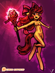 Size: 720x960 | Tagged: explicit, artist:lumineko, apple bloom, alternate hairstyle, anthro, apple bloomers, belly button, bipedal, breasts, earth pony, female, foalcon, g4, imported from derpibooru, magic staff, magical girl, nipples, nudity, solo, solo female, staff, unguligrade anthro, vulva