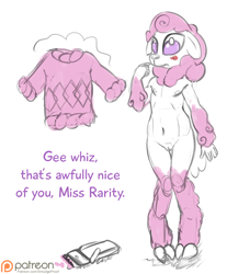 Size: 1500x1808 | Tagged: explicit, artist:smudge proof, rarity, anthro, blushing, breasts, delicious flat chest, ewe, female, floppy ears, foalcon, g4, imported from derpibooru, magic, nipples, nudity, patreon, patreon logo, shaved, shear, sheep, sketch, solo, solo female, tiny ewes, vulva