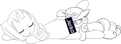 Size: 1255x462 | Tagged: questionable, artist:mcsadat, rarity, sweetie belle, censored, cunnilingus, female, filly, foal, foalcon, g4, imported from derpibooru, incest, lesbian, lewd, mare, molestation, monochrome, on side, oral, pillow, pony, sex, sleeping, somnophilia, unicorn