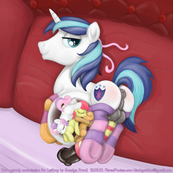 Size: 1800x1800 | Tagged: explicit, artist:smudge proof, apple bloom, scootaloo, shining armor, sweetie belle, anus, balls, bedroom eyes, big penis, bloomprey, butt, butt blush, clothes, cocksock, commission, couch, cunnilingus, cutie mark crusaders, earth pony, erection, fainting couch, female, fetish, filly, filly prey, foal, foalcon, g4, group sex, horsecock, implied unbirthing, imported from derpibooru, impossibly large penis, internal, kiss on the lips, kissing, lesbian, looking at you, looking back, male, male pregnancy, nudity, on side, oral, pegasus, penis, ponut, pony, pregarmor, pregnant, preybloom, scootaprey, sex, shieldbutt, shining arvore, ship:scootabloom, smiling, sock, socks, splitting spear, striped socks, sweetieprey, taint, threesome, underhoof, unicorn, vore